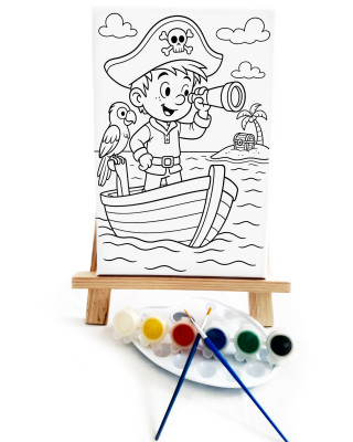 Minik Korsan Çocuk Ressam Seti - 20 x 30 cm Önçizimli Tuval, 2 Adet Fırça, Palet, Boyalar ve Şövale