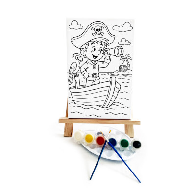 Minik Korsan Çocuk Ressam Seti - 20 x 30 cm Önçizimli Tuval, 2 Adet Fırça, Palet, Boyalar ve Şövale