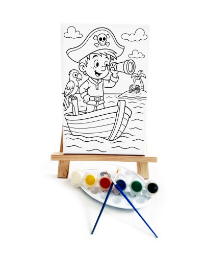 Minik Korsan Çocuk Ressam Seti - 20 x 30 cm Önçizimli Tuval, 2 Adet Fırça, Palet, Boyalar ve Şövale