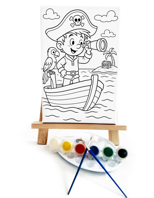 Minik Korsan Çocuk Ressam Seti - 20 x 30 cm Önçizimli Tuval, 2 Adet Fırça, Palet, Boyalar ve Şövale Minik Korsan Çocuk Ressam Seti - 20 x 30 cm Önçizimli Tuval, 2 Adet Fırça, Palet, Boyalar ve Şövale