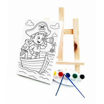 Minik Korsan Çocuk Ressam Seti - 20 x 30 cm Önçizimli Tuval, 2 Adet Fırça, Palet, Boyalar ve Şövale