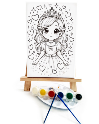 Anime Prenses Çocuk Ressam Seti - 20 x 30 cm Önçizimli Tuval, 2 Adet Fırça, Palet, Boyalar ve Şövale