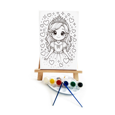 Anime Prenses Çocuk Ressam Seti - 20 x 30 cm Önçizimli Tuval, 2 Adet Fırça, Palet, Boyalar ve Şövale