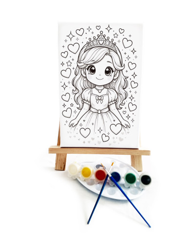 Anime Prenses Çocuk Ressam Seti - 20 x 30 cm Önçizimli Tuval, 2 Adet Fırça, Palet, Boyalar ve Şövale