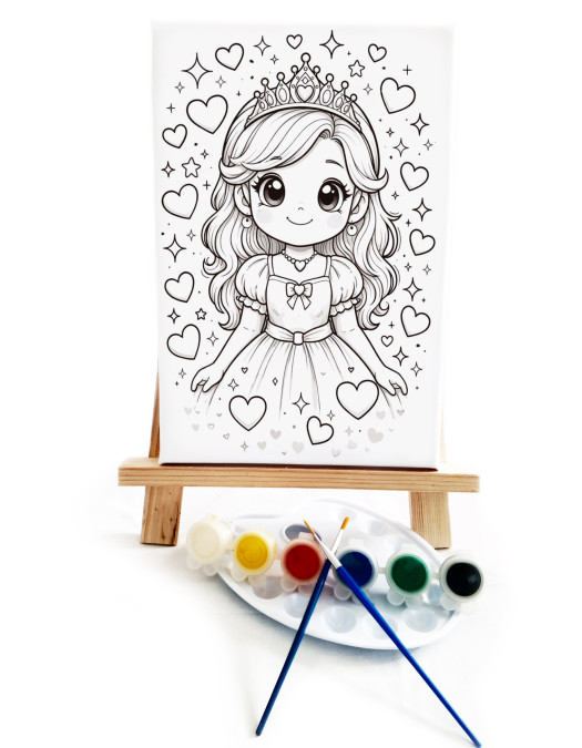 Anime Prenses Çocuk Ressam Seti - 20 x 30 cm Önçizimli Tuval, 2 Adet Fırça, Palet, Boyalar ve Şövale