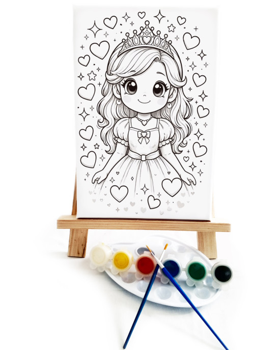 Anime Prenses Çocuk Ressam Seti - 20 x 30 cm Önçizimli Tuval, 2 Adet Fırça, Palet, Boyalar ve Şövale