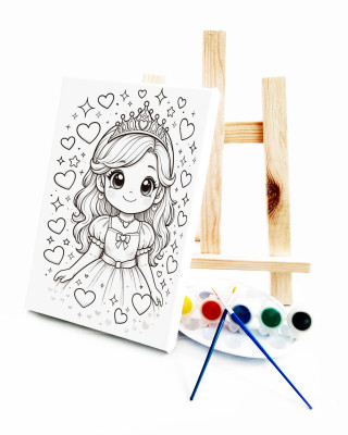 Anime Prenses Çocuk Ressam Seti - 20 x 30 cm Önçizimli Tuval, 2 Adet Fırça, Palet, Boyalar ve Şövale