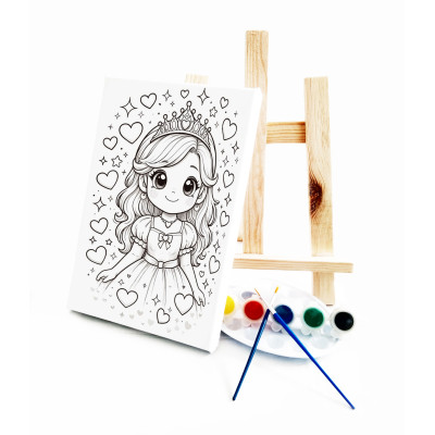 Anime Prenses Çocuk Ressam Seti - 20 x 30 cm Önçizimli Tuval, 2 Adet Fırça, Palet, Boyalar ve Şövale