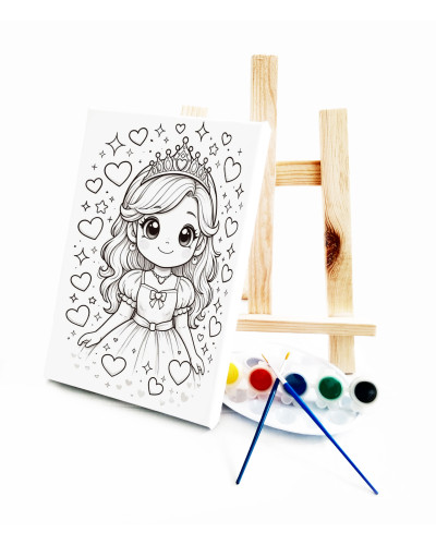 Anime Prenses Çocuk Ressam Seti - 20 x 30 cm Önçizimli Tuval, 2 Adet Fırça, Palet, Boyalar ve Şövale
