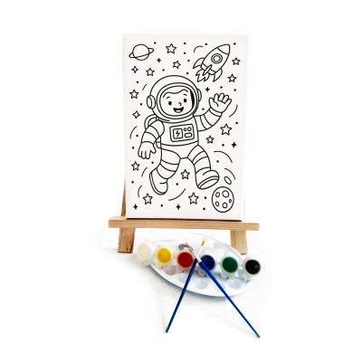 Neşeli Astronot Çocuk Ressam Seti - 20 x 30 cm Önçizimli Tuval, 2 Adet Fırça, Palet, Boyalar ve Şövale