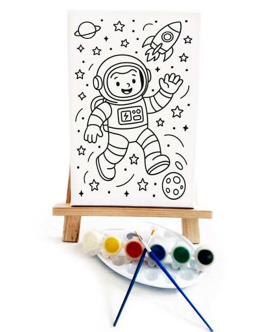 Neşeli Astronot Çocuk Ressam Seti - 20 x 30 cm Önçizimli Tuval, 2 Adet Fırça, Palet, Boyalar ve Şövale Neşeli Astronot Çocuk Ressam Seti - 20 x 30 cm Önçizimli Tuval, 2 Adet Fırça, Palet, Boyalar ve Şövale