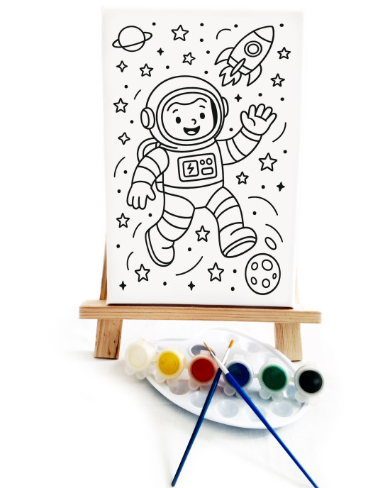 Neşeli Astronot Çocuk Ressam Seti - 20 x 30 cm Önçizimli Tuval, 2 Adet Fırça, Palet, Boyalar ve Şövale