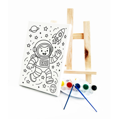 Neşeli Astronot Çocuk Ressam Seti - 20 x 30 cm Önçizimli Tuval, 2 Adet Fırça, Palet, Boyalar ve Şövale