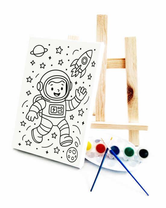 Neşeli Astronot Çocuk Ressam Seti - 20 x 30 cm Önçizimli Tuval, 2 Adet Fırça, Palet, Boyalar ve Şövale