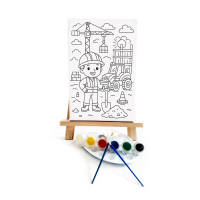 Şantiye Çocuk Ressam Seti - 20 x 30 cm Önçizimli Tuval, 2 Adet Fırça, Palet, Boyalar ve Şövale