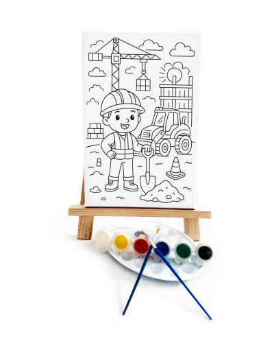 Şantiye Çocuk Ressam Seti - 20 x 30 cm Önçizimli Tuval, 2 Adet Fırça, Palet, Boyalar ve Şövale