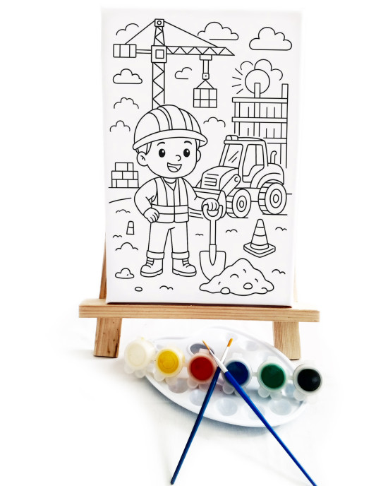Şantiye Çocuk Ressam Seti - 20 x 30 cm Önçizimli Tuval, 2 Adet Fırça, Palet, Boyalar ve Şövale