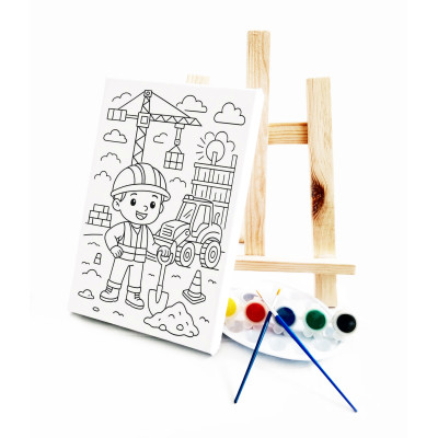 Şantiye Çocuk Ressam Seti - 20 x 30 cm Önçizimli Tuval, 2 Adet Fırça, Palet, Boyalar ve Şövale