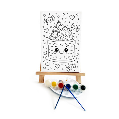 Çilekli Pasta Çocuk Ressam Seti - 20 x 30 cm Önçizimli Tuval, 2 Adet Fırça, Palet, Boyalar ve Şövale