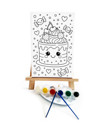 Çilekli Pasta Çocuk Ressam Seti - 20 x 30 cm Önçizimli Tuval, 2 Adet Fırça, Palet, Boyalar ve Şövale