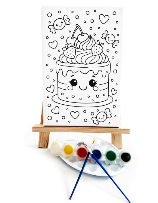 Çilekli Pasta Çocuk Ressam Seti - 20 x 30 cm Önçizimli Tuval, 2 Adet Fırça, Palet, Boyalar ve Şövale Çilekli Pasta Çocuk Ressam Seti - 20 x 30 cm Önçizimli Tuval, 2 Adet Fırça, Palet, Boyalar ve Şövale