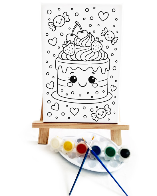 Çilekli Pasta Çocuk Ressam Seti - 20 x 30 cm Önçizimli Tuval, 2 Adet Fırça, Palet, Boyalar ve Şövale