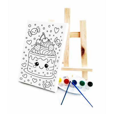 Çilekli Pasta Çocuk Ressam Seti - 20 x 30 cm Önçizimli Tuval, 2 Adet Fırça, Palet, Boyalar ve Şövale