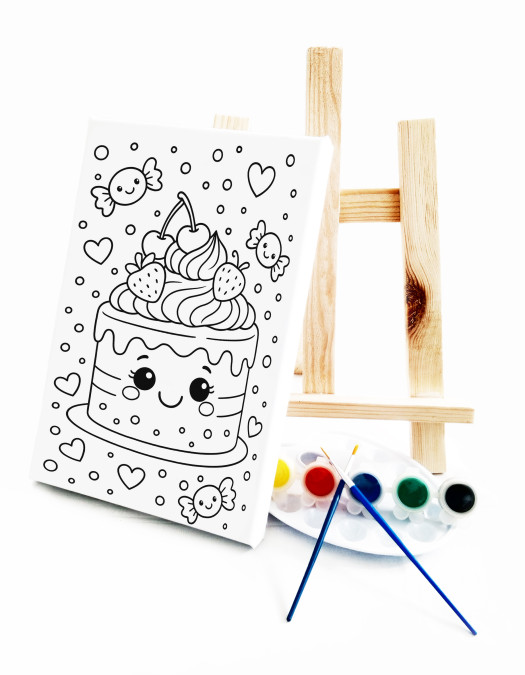 Çilekli Pasta Çocuk Ressam Seti - 20 x 30 cm Önçizimli Tuval, 2 Adet Fırça, Palet, Boyalar ve Şövale Çilekli Pasta Çocuk Ressam Seti - 20 x 30 cm Önçizimli Tuval, 2 Adet Fırça, Palet, Boyalar ve Şövale
