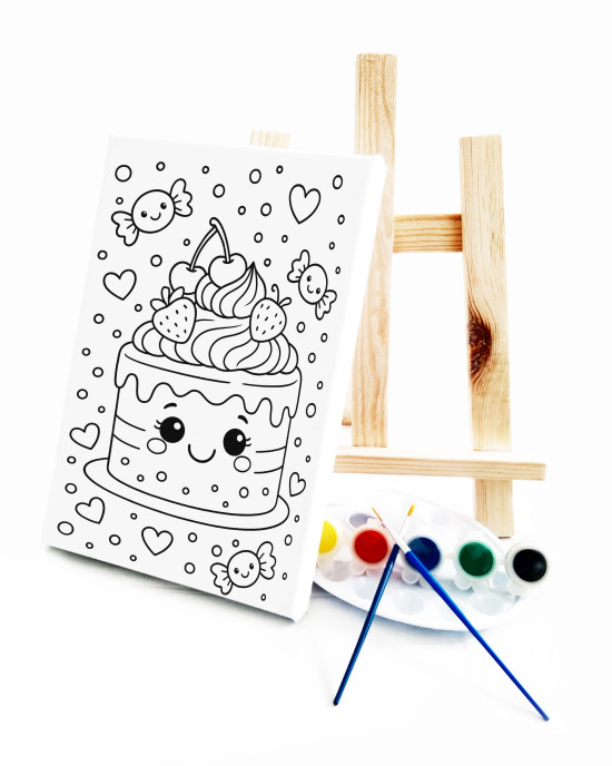 Çilekli Pasta Çocuk Ressam Seti - 20 x 30 cm Önçizimli Tuval, 2 Adet Fırça, Palet, Boyalar ve Şövale