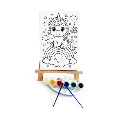 Gökkuşağındaki Unicorn Çocuk Ressam Seti - 20x30 cm Önçizimli Tuval, 2 Adet Fırça, Palet, Boyalar ve Şövale