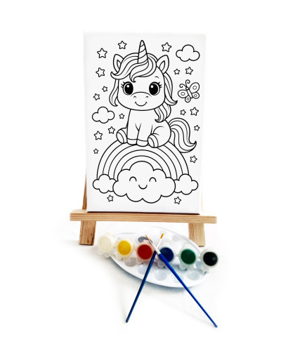 Gökkuşağındaki Unicorn Çocuk Ressam Seti - 20x30 cm Önçizimli Tuval, 2 Adet Fırça, Palet, Boyalar ve Şövale