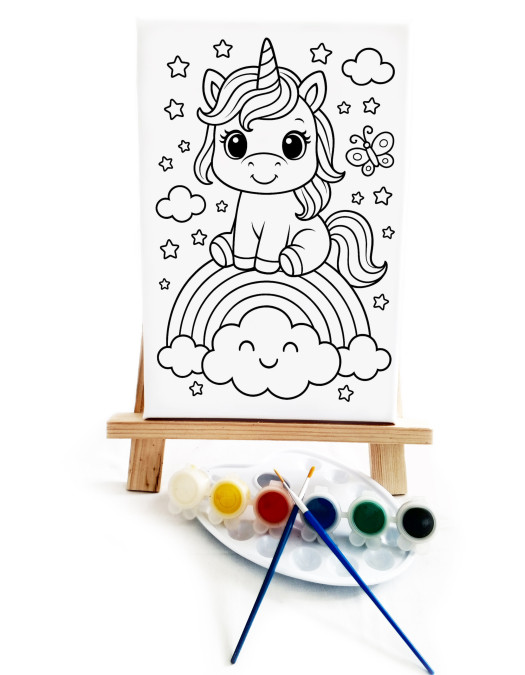 Gökkuşağındaki Unicorn Çocuk Ressam Seti - 20x30 cm Önçizimli Tuval, 2 Adet Fırça, Palet, Boyalar ve Şövale Gökkuşağındaki Unicorn Çocuk Ressam Seti - 20x30 cm Önçizimli Tuval, 2 Adet Fırça, Palet, Boyalar ve Şövale