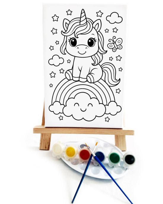 Gökkuşağındaki Unicorn Çocuk Ressam Seti - 20x30 cm Önçizimli Tuval, 2 Adet Fırça, Palet, Boyalar ve Şövale