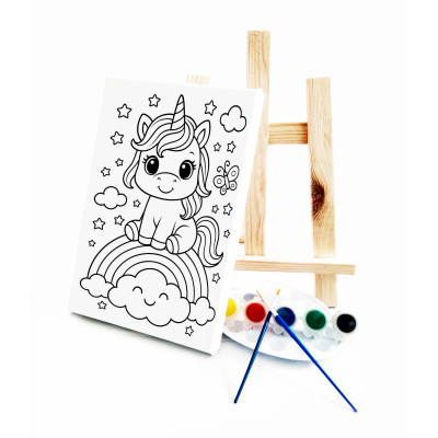 Gökkuşağındaki Unicorn Çocuk Ressam Seti - 20x30 cm Önçizimli Tuval, 2 Adet Fırça, Palet, Boyalar ve Şövale