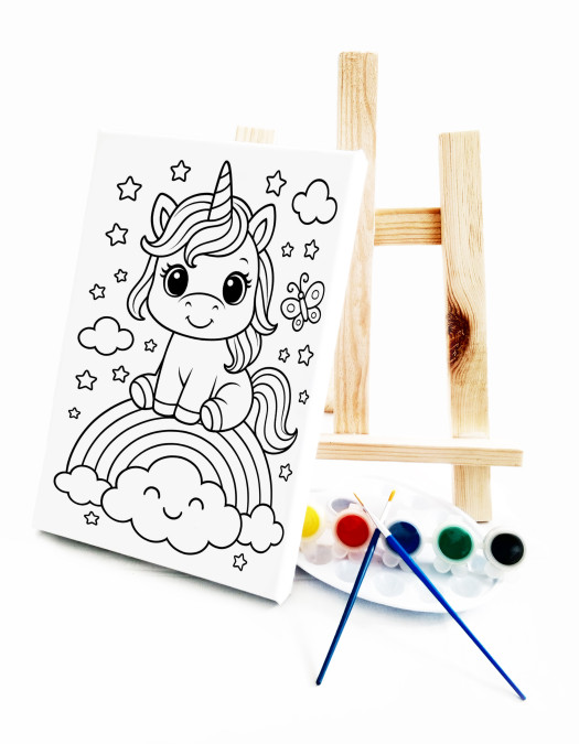 Gökkuşağındaki Unicorn Çocuk Ressam Seti - 20x30 cm Önçizimli Tuval, 2 Adet Fırça, Palet, Boyalar ve Şövale Gökkuşağındaki Unicorn Çocuk Ressam Seti - 20x30 cm Önçizimli Tuval, 2 Adet Fırça, Palet, Boyalar ve Şövale