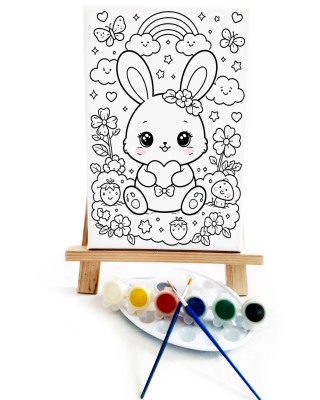 Anime Tavşan Çocuk Ressam Seti - 20x30 cm Önçizimli Tuval, 2 Adet Fırça, Palet, Boyalar ve Şövale