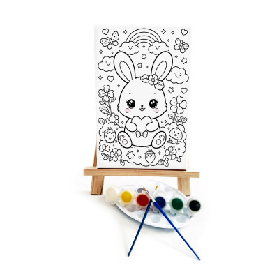 Anime Tavşan Çocuk Ressam Seti - 20x30 cm Önçizimli Tuval, 2 Adet Fırça, Palet, Boyalar ve Şövale