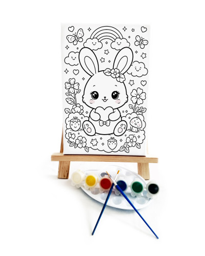 Anime Tavşan Çocuk Ressam Seti - 20x30 cm Önçizimli Tuval, 2 Adet Fırça, Palet, Boyalar ve Şövale