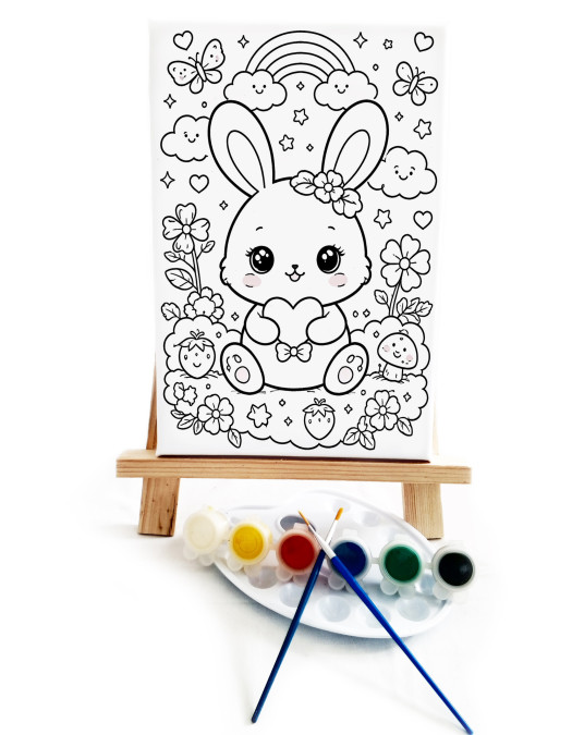Anime Tavşan Çocuk Ressam Seti - 20x30 cm Önçizimli Tuval, 2 Adet Fırça, Palet, Boyalar ve Şövale