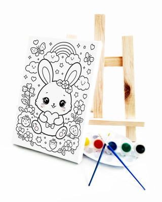 Anime Tavşan Çocuk Ressam Seti - 20x30 cm Önçizimli Tuval, 2 Adet Fırça, Palet, Boyalar ve Şövale