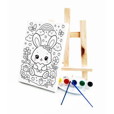 Anime Tavşan Çocuk Ressam Seti - 20x30 cm Önçizimli Tuval, 2 Adet Fırça, Palet, Boyalar ve Şövale