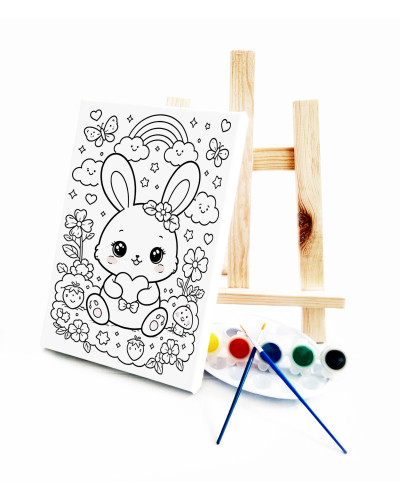 Anime Tavşan Çocuk Ressam Seti - 20x30 cm Önçizimli Tuval, 2 Adet Fırça, Palet, Boyalar ve Şövale