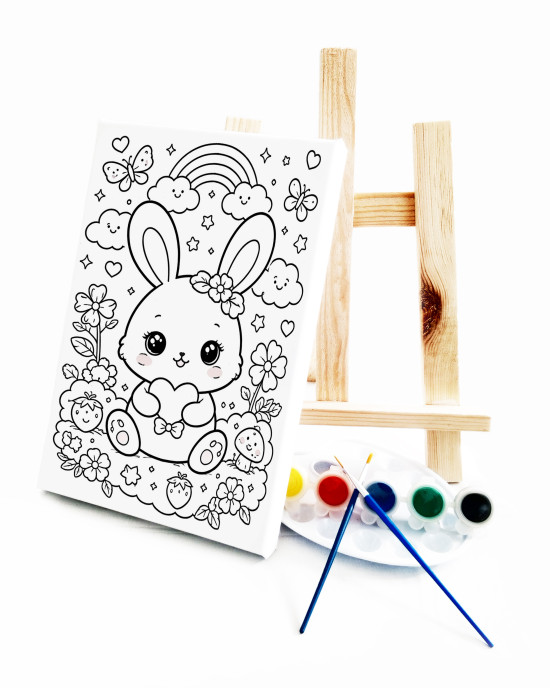 Anime Tavşan Çocuk Ressam Seti - 20x30 cm Önçizimli Tuval, 2 Adet Fırça, Palet, Boyalar ve Şövale