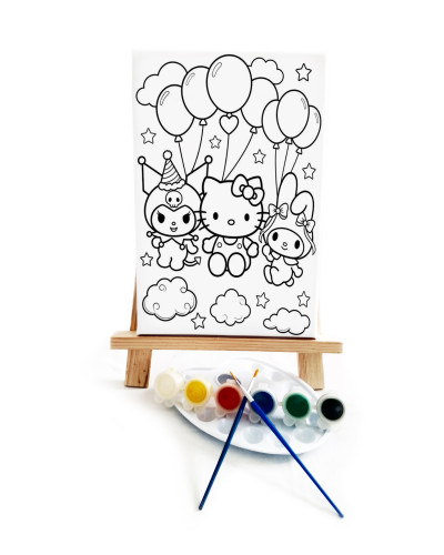 Kitty KuroMelody Çocuk Ressam Seti - 20x30 cm Önçizimli Tuval, 2 Adet Fırça, Palet, Boyalar ve Şövale
