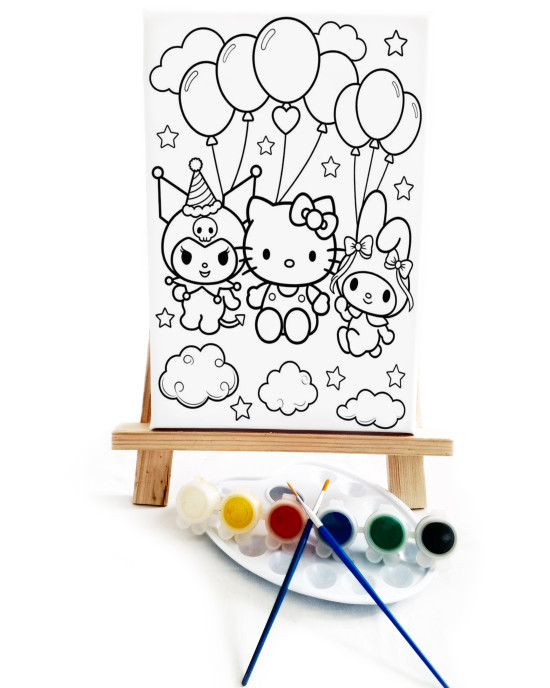 Kitty KuroMelody Çocuk Ressam Seti - 20x30 cm Önçizimli Tuval, 2 Adet Fırça, Palet, Boyalar ve Şövale