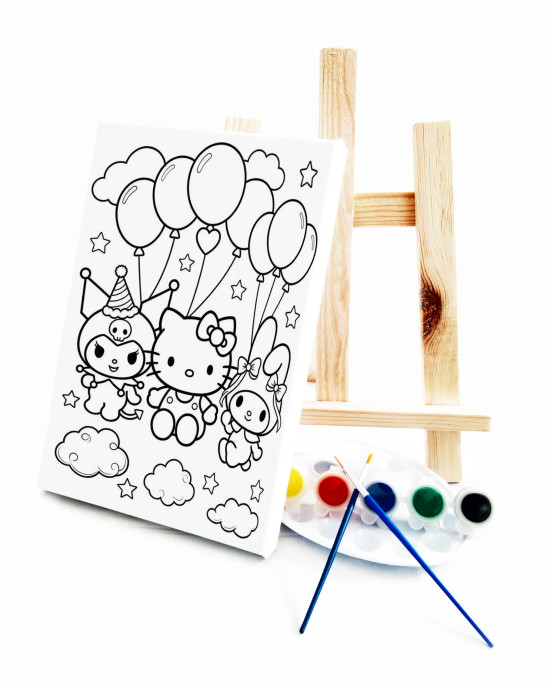 Kitty KuroMelody Çocuk Ressam Seti - 20x30 cm Önçizimli Tuval, 2 Adet Fırça, Palet, Boyalar ve Şövale