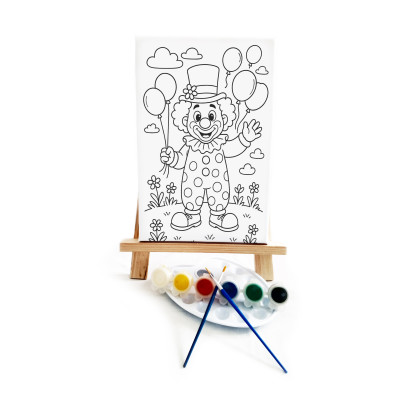Clown Mike Çocuk Ressam Seti - 20x30 cm Önçizimli Tuval, 2 Adet Fırça, Palet, Boyalar ve Şövale