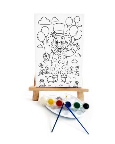 Clown Mike Çocuk Ressam Seti - 20x30 cm Önçizimli Tuval, 2 Adet Fırça, Palet, Boyalar ve Şövale