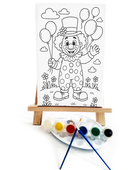 Clown Mike Çocuk Ressam Seti - 20x30 cm Önçizimli Tuval, 2 Adet Fırça, Palet, Boyalar ve Şövale