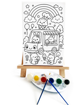 Dondurma Kamyonu Çocuk Ressam Seti - 20x30 cm Önçizimli Tuval, 2 Adet Fırça, Palet, Boyalar ve Şövale